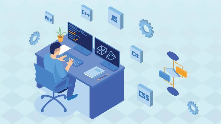 Software developer working across connected programming tools and system components